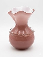 Cased Art Glass Ruffled Handkerchief Vase, Orange to Opalescent White with Swirled Clear Foot — listing 4