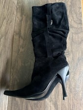 Women's Black Pointed-Toe Mid-Calf Stiletto Boots with Gold Buckle Accent, Size 10 — listing 4