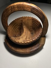 Vintage Hand-Carved Wooden Fruit Set with Rattan Gondola Basket, Made in Portugal (15" wide) — listing 6