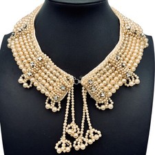 Vintage Faux Pearl Beaded Detachable Collar with Gold Metallic Lace Trim — listing 3