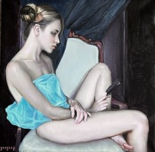 Original Large-Scale Acrylic Portrait Painting of a Woman on Canvas, Signed, approx. 36" x 60" Yes - it's a legible name — listing 2
