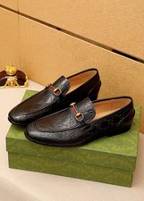 Gucci Men's Red Pebbled Leather Horsebit Driving Loafers with Web Stripe — listing 3