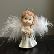 Resin Angel Figurine with Real Feather Wings Holding Purple Gemstone Heart — listing 6