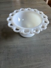 Vintage White Milk Glass Pedestal Compote with Embossed Grape & Leaf Pattern