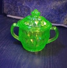 Green Uranium Depression Glass Double-Handled Open Sugar Bowl, Paneled Design, 3.5 x 3.5 in
