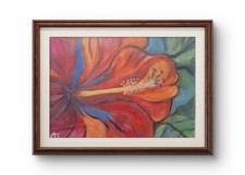 Framed Original Red Hibiscus Floral Painting, Signed — listing 6