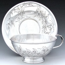 Antique Sterling Silver Pierced Bouillon Cup Holder & Saucer with Porcelain Rose Insert
