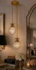 Vintage Hollywood Regency Double Swag Pendant Light with Pressed Glass Globes on 60" Chain — listing 2