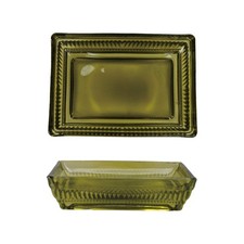 Vintage Green Pressed Glass Basket with Fixed Arch Handle, Star and Fan Cut Pattern