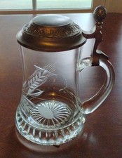 Vintage Etched Glass Beer Stein with Hinged Pewter Lid and Ball Thumblift — listing 2