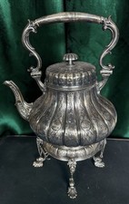 Pair of Silver Plate Tilting Tea/Coffee Kettles on Warming Stands with Rococo Scrollwork — listing 2