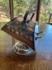 Antique Silver Plated Sugar Scuttle with Hinged Lid on Pedestal Base