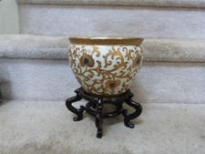 Vintage Chinese Porcelain Fish Bowl Planter Satsuma Style Goldfish Jardinière 9in