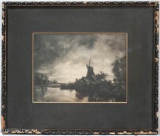 Antique 1901 Sepia Photogravure Print of Windmill Landscape with Sailboat in Oak Frame — listing 4