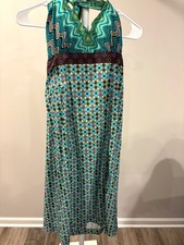 Athleta Women's Teal Geometric Print Cap-Sleeve Ruched V-Neck Jersey Dress, Size M — listing 3