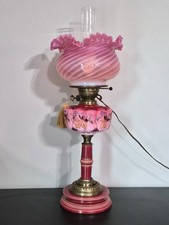 Antique Cranberry Glass Oil Lamp with Milk Glass Base and Etched Chimney — listing 3