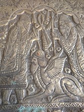 Large Antique Persian Hand-Chased Tinned Copper Charger with Figural Court Scenes — listing 3
