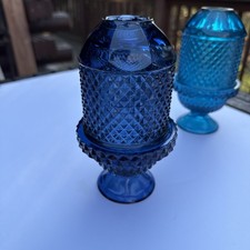 Vintage Blue Diamond-Point Pressed Glass Flared Vase — listing 3