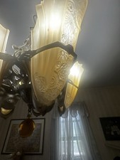 Antique Art Deco Cast Metal Slip Shade Hanging Light Fixture Body with Chain and Ceiling Canopy, listing 2