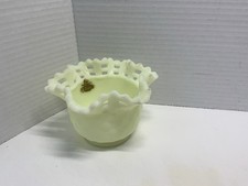 Fenton Custard Satin Glass Basket with Hand-Painted Log Cabin/Trees Scene, 8 inches tall — listing 6