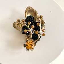 Vintage Domed Filigree Brooch with Amber Glass Cabochons and Aurora Borealis Rhinestones — listing 4