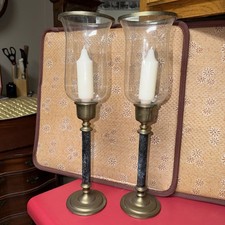 Vintage Brass Table Lamp with Blue Frosted Cut-Glass Hurricane Shade and Clear Chimney — listing 6