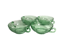 Vintage Green Uranium Depression Glass Two-Handled Serving Plate, Octagonal Hobnail/Thumbprint Pattern, 6.5 inches