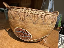 Hand-Carved Wooden Bowl with Woven Rattan/Seagrass Rim and Base Trim