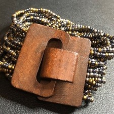 Multi-Strand Turquoise Blue Seed Bead Stretch Cuff Bracelet with Wooden Toggle Clasp — listing 6