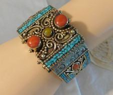 Bohemian Tibetan-Style Wide Cuff Bracelet with Faux Turquoise Cabochon