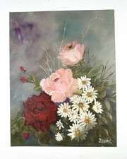 Vintage Floral Still Life Oil Painting on Canvas in Ornate Gilt Baroque-Style Frame, Signed
