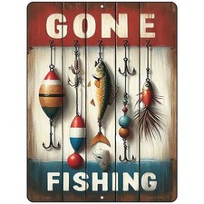 Recycled Metal 'Gone Fishing' Round Wall Sign with 3D Red Truck and Fishing Rod — listing 2