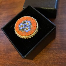 Antique Italian Micromosaic Floral Ring, Navette/Marquise Shape, Multicolored Glass Tesserae, Adjustable Band — listing 6