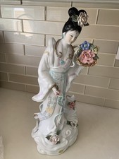 Asian-Themed Porcelain Collector Doll in Blue Brocade Kimono with Pillow — listing 2