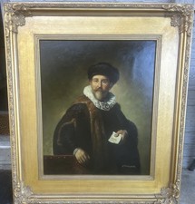 Old Master-Style Portrait Painting of a Young Man in Beret (After Rembrandt), Carved Giltwood Frame