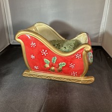 Fitz and Floyd Festive Bells Ceramic Christmas Sleigh Planter with Floral Arrangement — listing 3
