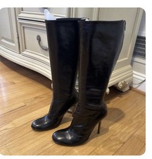 Women's Black Pointed-Toe Mid-Calf Stiletto Boots with Gold Buckle Accent, Size 10 — listing 6