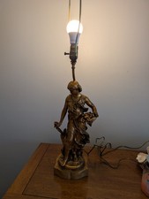 Antique Figural Spelter Table Lamp with Seated Classical Maiden and Frilled Glass Shades — listing 2