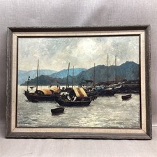 Antique Oil Painting Coastal Harbor Scene with Figures, Signed, in Ornate Gilt Frame — listing 6