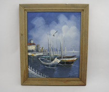 Original Oil Painting Harbor Scene with Sailboats at Sunset, Signed — listing 6