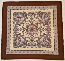 Vintage Silk Chiffon Paisley Scarf with Brown Border and Yellow Center — listing 2