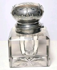 Antique Cut Crystal Inkwell with Repoussé Gilt Brass Hinged Lid — listing 6