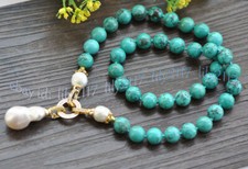 1980s Turquoise Nugget and Cultured Pearl Beaded Necklace, 23" with 14K Gold Filigree Clasp 14K stamped — listing 3