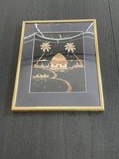 Vintage Tropical Palm Tree & Tiki Hut Straw/Rice Straw Marquetry Art in Faux-Bamboo Gilt Frame — listing 3