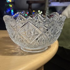 Vintage Pressed Glass Small Bowl with Fan and Hobstar Pattern, Scalloped Rim