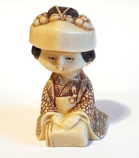 Vintage Japanese Carved Geisha Face Mask Brooch/Ojime with Hand-Painted Floral Headdress — listing 4