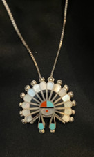 Native American Zuni Sterling Silver Multi-Stone Inlay Pendant with Sunburst Motif — listing 4