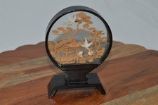 Vintage Chinese Carved Cork Diorama with Pagoda, Junk Boat and Landscape in Black Lacquer Frame