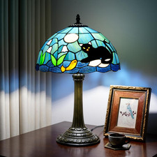 Tiffany-Style Stained Glass Table Lamp with Bronze Cat Base — listing 3