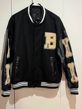 Black Varsity Bomber Jacket with Chenille Bone Patches and 'B' Letterman Patch — listing 6